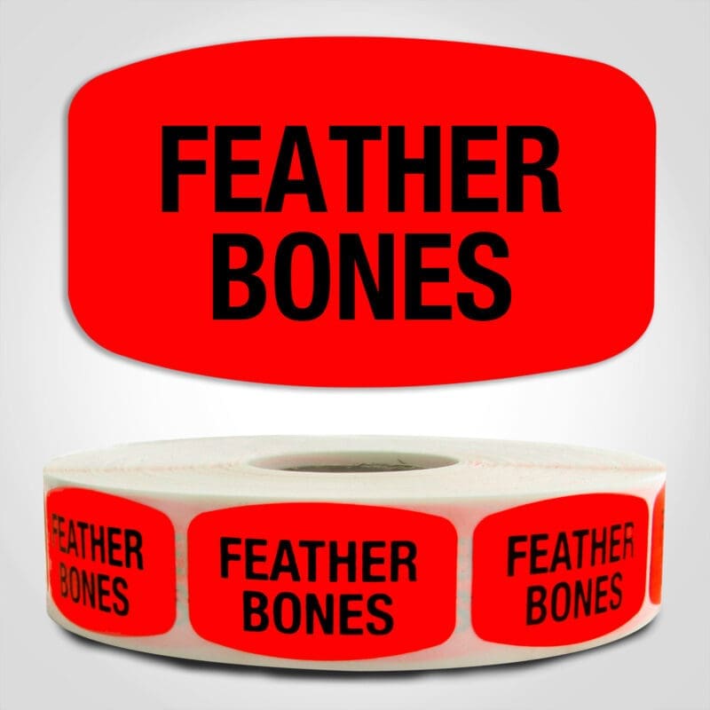 Feather Bones Label Dayglo Red Sticker on a roll of 1000 permanent adhesive