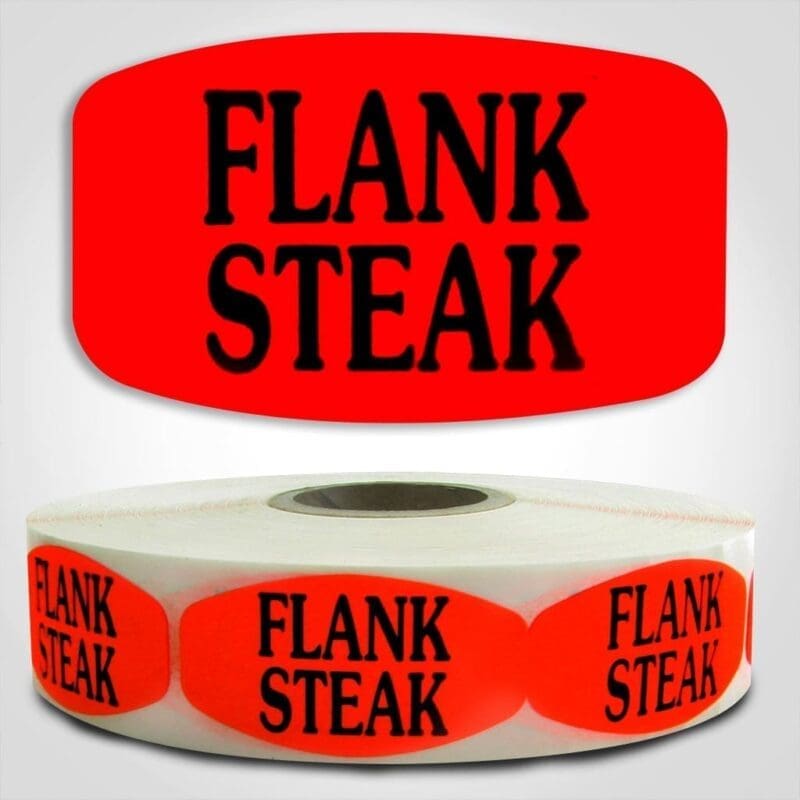 Flank Steak Label Dayglo Red Sticker on a roll of 1000 permanent adhesive
