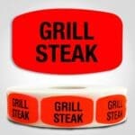 Grill Steak Label Dayglo Red Sticker on a roll of 1000 permanent adhesive