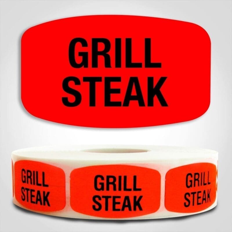 Grill Steak Label Dayglo Red Sticker on a roll of 1000 permanent adhesive
