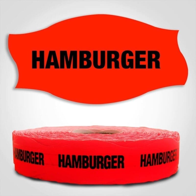 540263-1 Hamburger Label Dayglo Red Sticker on a roll of 1000 permanent adhesive