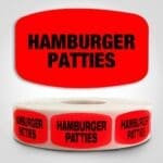 Hamburger Patties Label Dayglo Red Sticker on a roll of 1000 permanent adhesive
