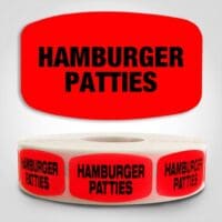 Hamburger Patties Label Dayglo Red Sticker on a roll of 1000 permanent adhesive