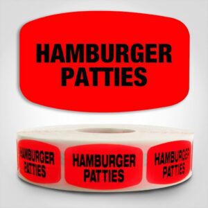 Hamburger Patties Label Dayglo Red Sticker on a roll of 1000 permanent adhesive
