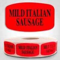 Mild Italian Sausage Label Dayglo Red Sticker on a roll of 1000 permanent adhesive