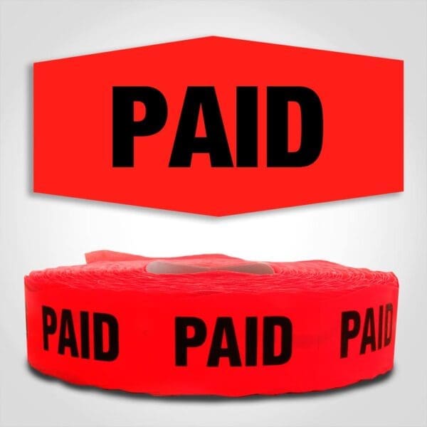 Paid Label Dayglo Red Sticker on a roll of 1000 permanent adhesive