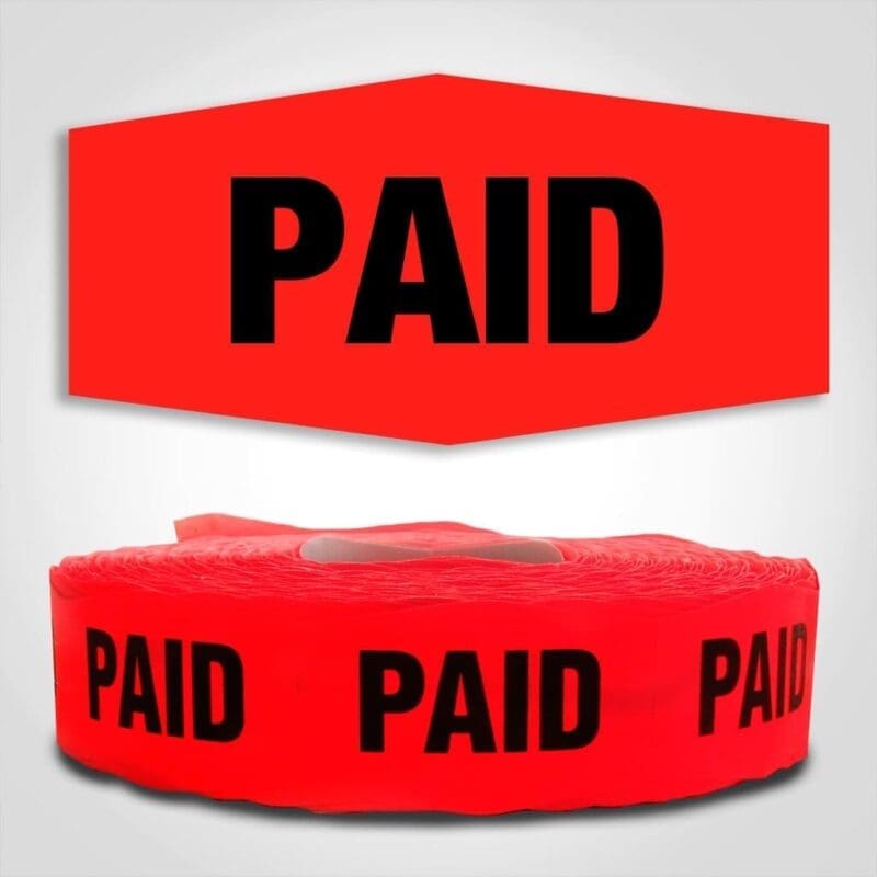 540288-1 Paid Label Dayglo Red Sticker on a roll of 1000 permanent adhesive