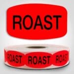 Roast Butcher Label Dayglo Red Sticker on a roll of 1000 permanent adhesive