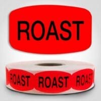 Roast Butcher Label Dayglo Red Sticker on a roll of 1000 permanent adhesive