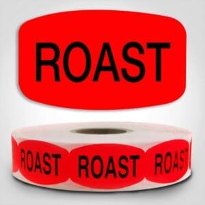 Roast Butcher Label Dayglo Red Sticker on a roll of 1000 permanent adhesive