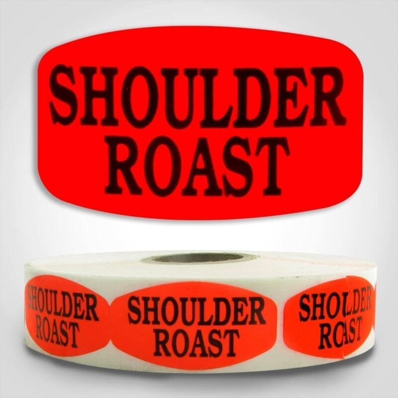 Shoulder Roast Label Dayglo Red Sticker on a roll of 1000 permanent adhesive