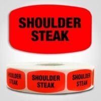 Shoulder Steak Label Dayglo Red Sticker on a roll of 1000 permanent adhesive