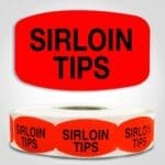 Sirloin Tips Label Dayglo Red Sticker on a roll of 1000 permanent adhesive