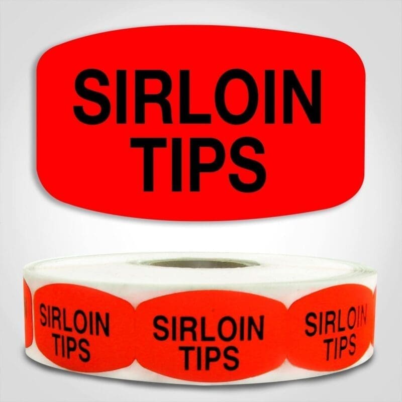 Sirloin Tips Label Dayglo Red Sticker on a roll of 1000 permanent adhesive