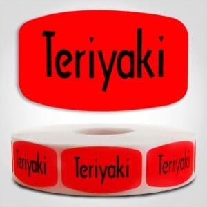 Teriyaki Label Dayglo Red Sticker on a roll of 1000 permanent adhesive