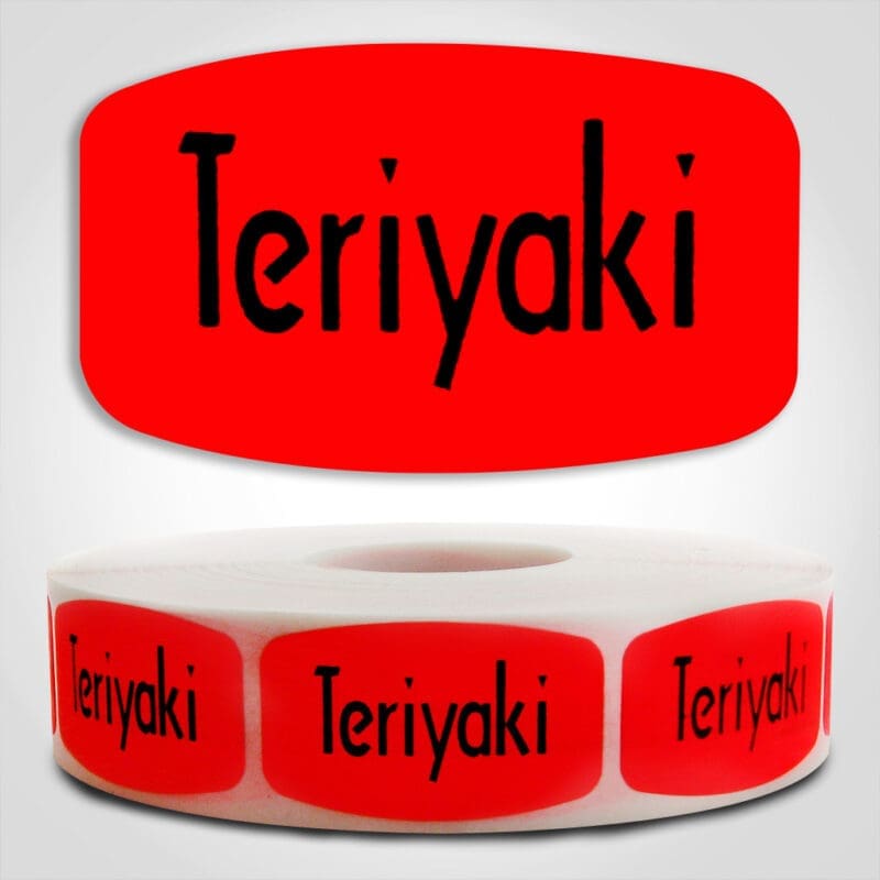 Teriyaki Label Dayglo Red Sticker on a roll of 1000 permanent adhesive