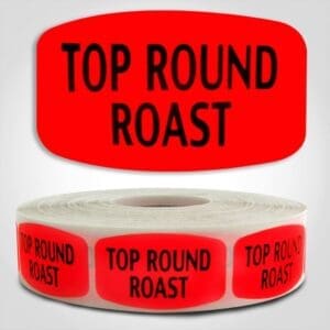 Top Round Roast Label Dayglo Red Sticker on a roll of 1000 permanent adhesive