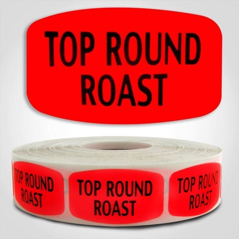 Top Round Roast Label Dayglo Red Sticker on a roll of 1000 permanent adhesive