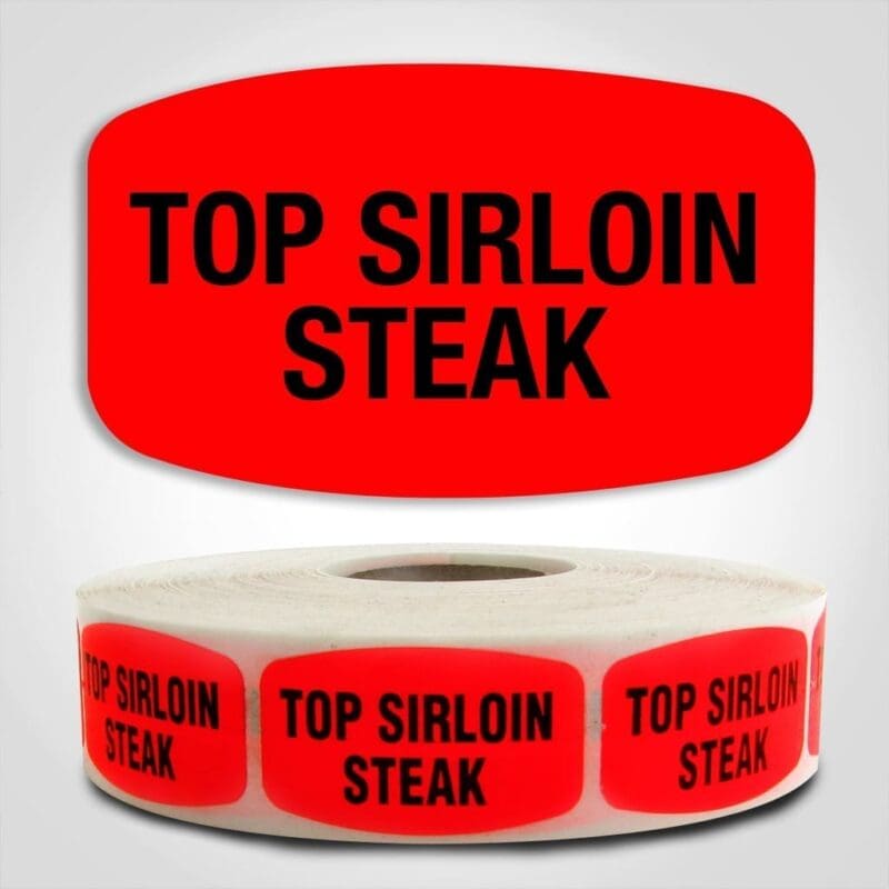 540361-1 Top Sirloin Steak Label Dayglo Red Sticker on a roll of 1000 permanent adhesive