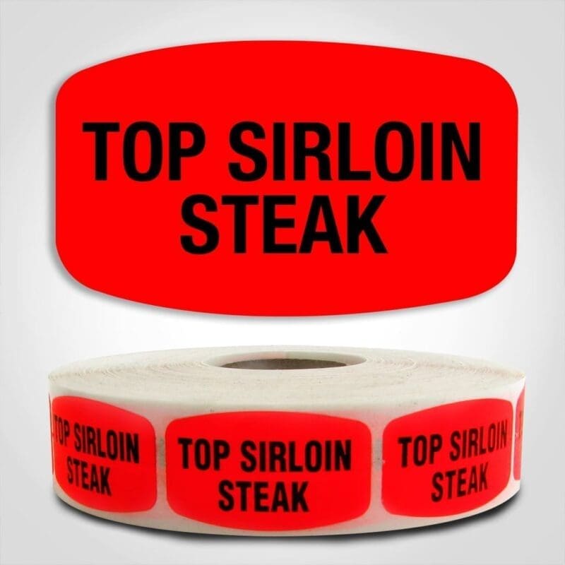 Top Sirloin Steak Label Dayglo Red Sticker on a roll of 1000 permanent adhesive