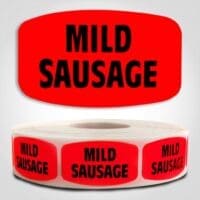 Mild Sausage Label Dayglo Red Sticker on a roll of 1000 permanent adhesive