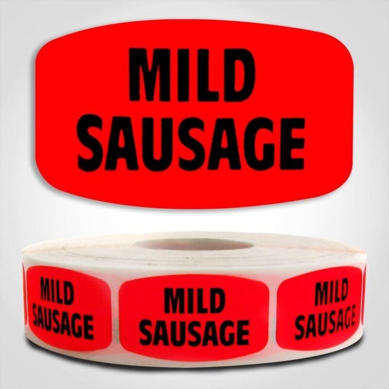 540370-1 Mild Sausage Label Dayglo Red Sticker on a roll of 1000 permanent adhesive