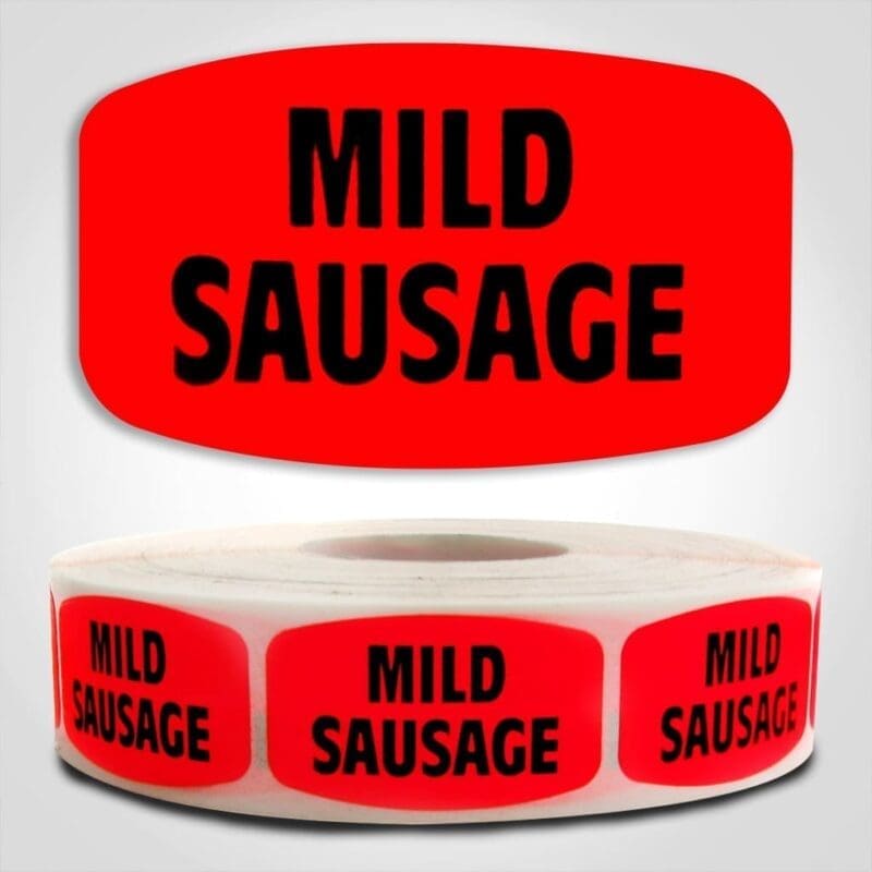 Mild Sausage Label Dayglo Red Sticker on a roll of 1000 permanent adhesive