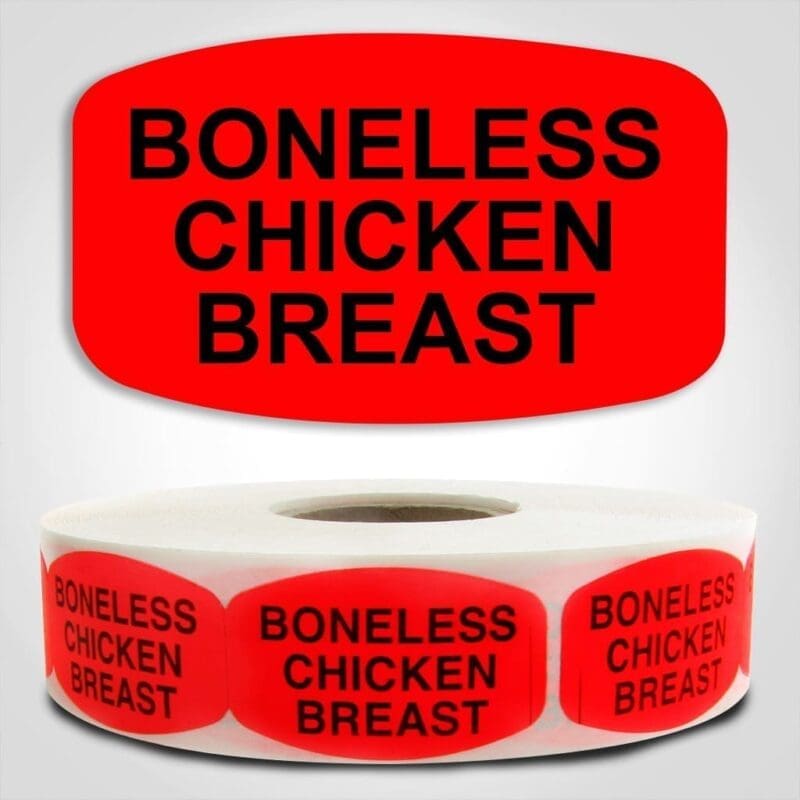 Boneless Chicken Breast Label Dayglo Red Sticker on a roll of 1000 permanent adhesive