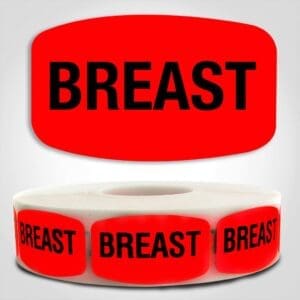 Chicken Breast Label Dayglo Red Sticker on a roll of 1000 permanent adhesive