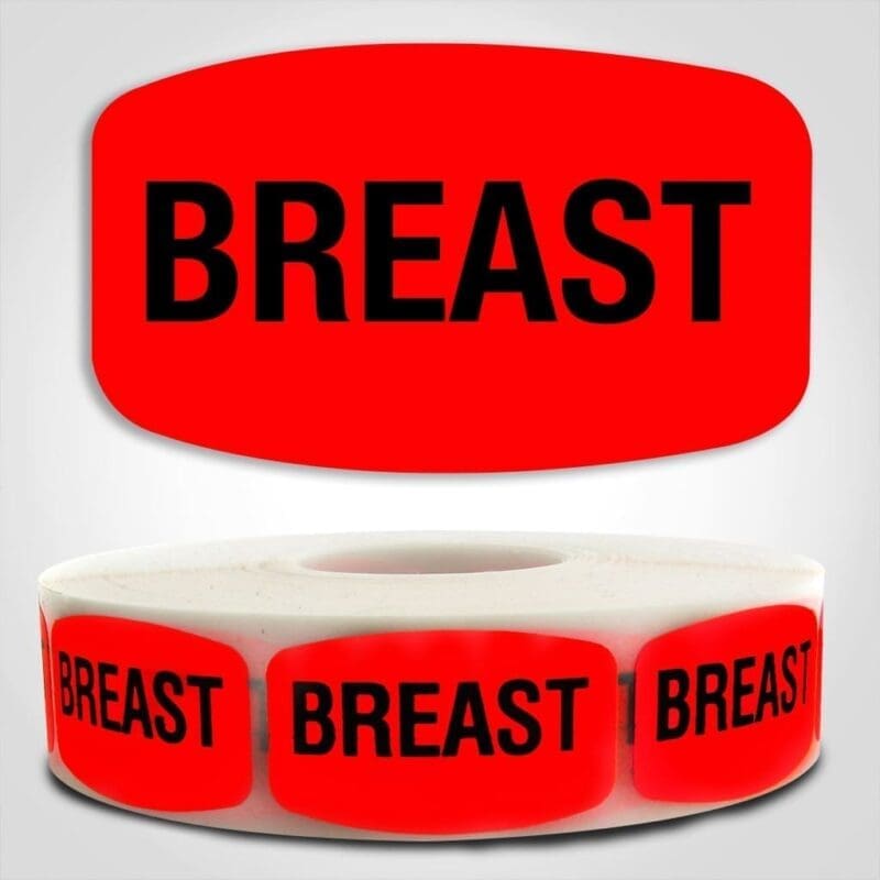 550007-1 Chicken Breast Label Dayglo Red Sticker on a roll of 1000 permanent adhesive