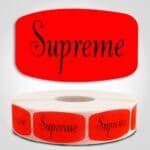 Supreme Pizza Label Dayglo Red Sticker on a roll of 1000 permanent adhesive