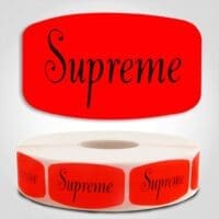 Supreme Pizza Label Dayglo Red Sticker on a roll of 1000 permanent adhesive