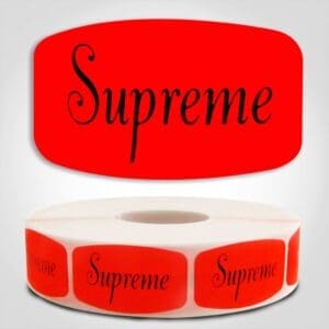 Supreme Pizza Label Dayglo Red Sticker on a roll of 1000 permanent adhesive