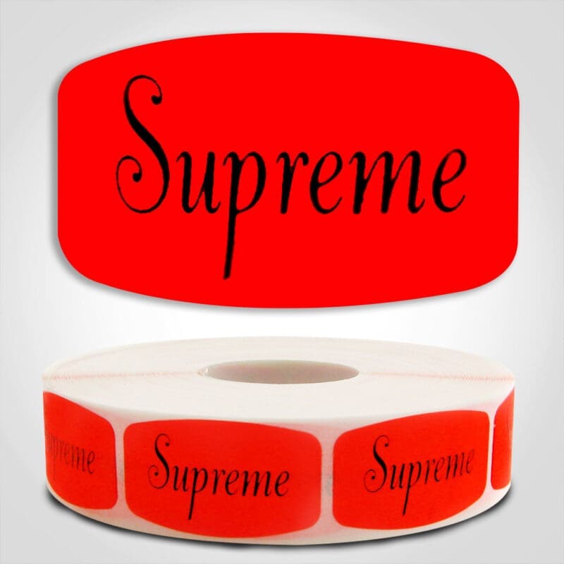 550008-1 Supreme Pizza Label Dayglo Red Sticker on a roll of 1000 permanent adhesive