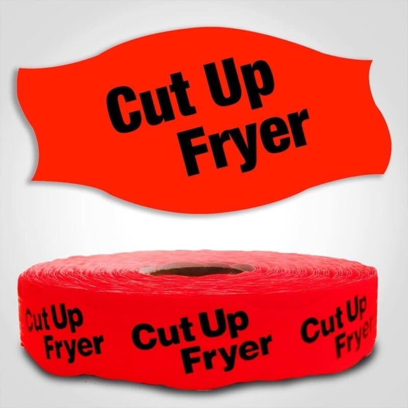 Cut Up Fryer Label Dayglo Red Sticker on a roll of 1000 permanent adhesive