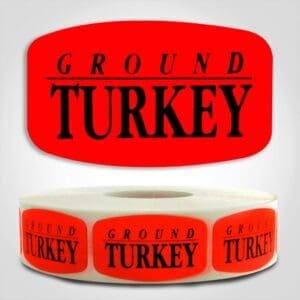 Ground Turkey Label Dayglo Red Sticker on a roll of 1000 permanent adhesive