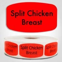 Split Chicken Breast Label Dayglo Red Sticker on a roll of 1000 permanent adhesive