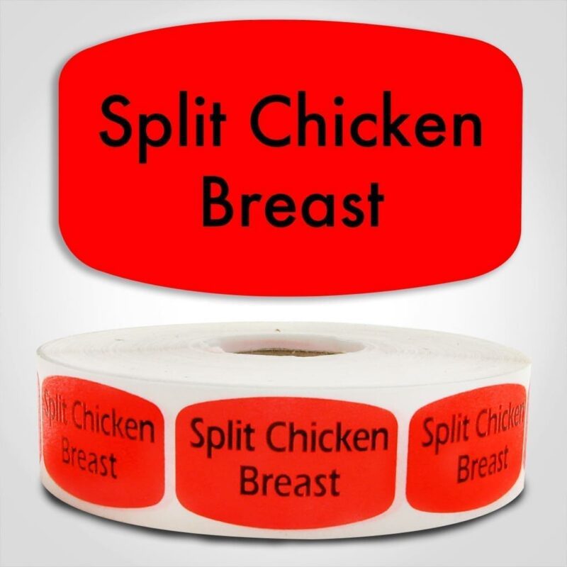 550043-1 Split Chicken Breast Label Dayglo Red Sticker on a roll of 1000 permanent adhesive