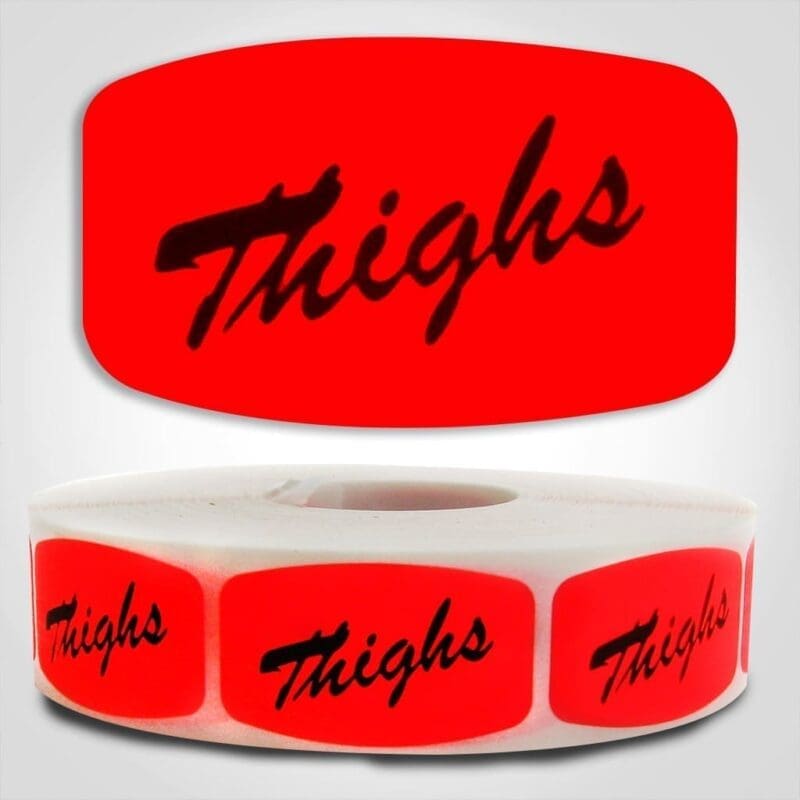Chicken Thighs Label Dayglo Red Sticker on a roll of 1000 permanent adhesive