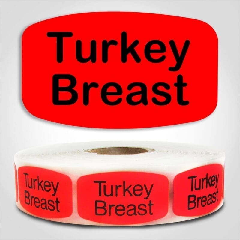 550052-1 Turkey Breast Label Dayglo Red Sticker on a roll of 1000 permanent adhesive