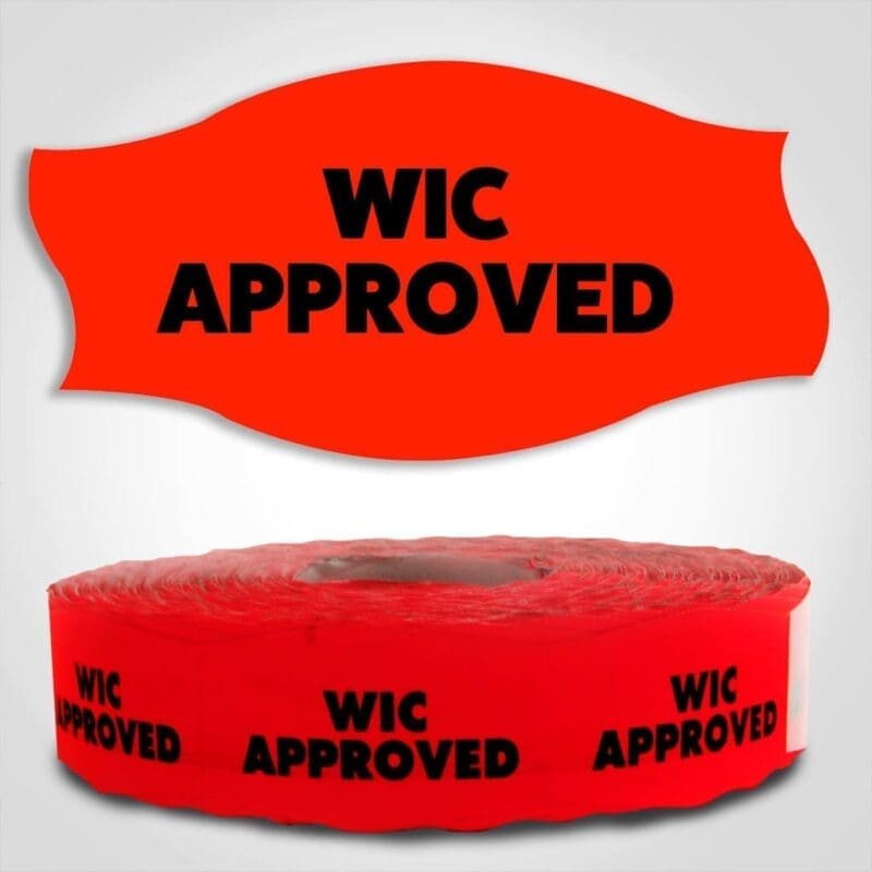Wic Approved Label Dayglo Red Sticker on a roll of 1000 permanent adhesive