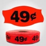 49 Cents pricing Label Red Dayglo Sticker on a roll of 1000 labels, reads 49 cents in black print on red label