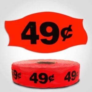 49 Cents pricing Label Red Dayglo Sticker on a roll of 1000 labels, reads 49 cents in black print on red label