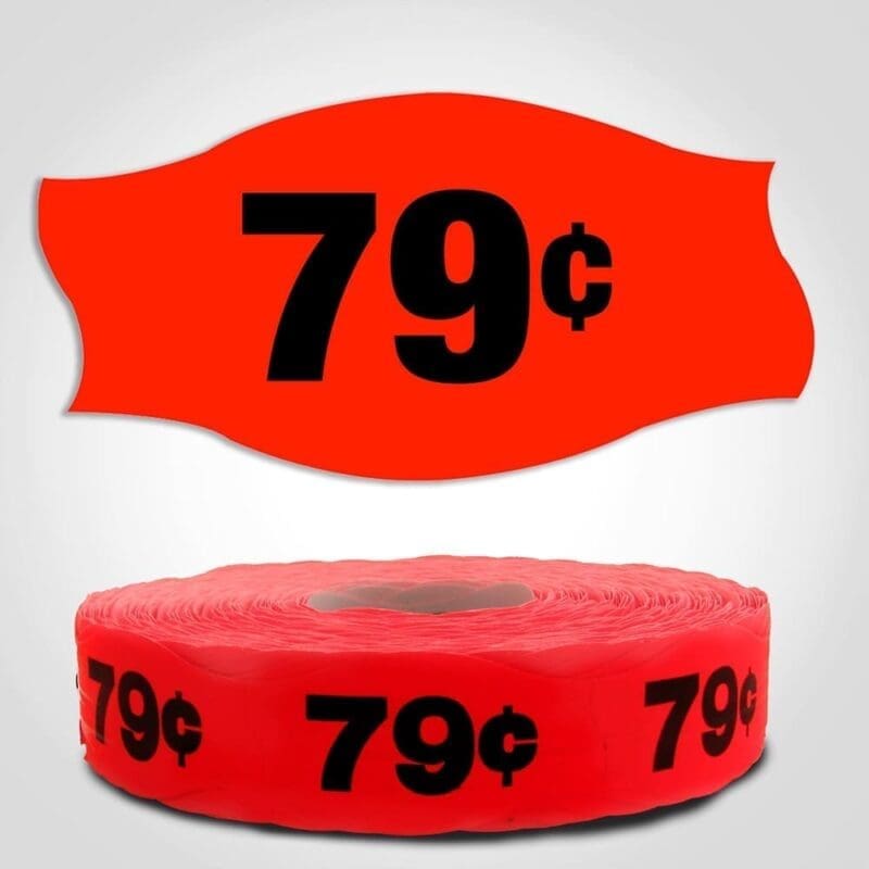 79 cents pricing Label Red Dayglo Sticker on a roll of 1000 labels, reads 79 cents in black print on red label