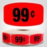 99 cents pricing Label Red Dayglo Sticker on a roll of 1000 labels, reads 99 cents in black print on red label