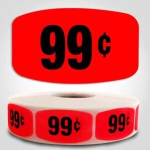 99 cents pricing Label Red Dayglo Sticker on a roll of 1000 labels, reads 99 cents in black print on red label