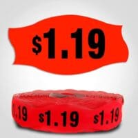 $1.19 Pricing Label Red Dayglo Sticker on a roll of 1000 labels, reads $1.19 in black print on red label