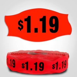 $1.19 Pricing Label Red Dayglo Sticker on a roll of 1000 labels, reads $1.19 in black print on red label