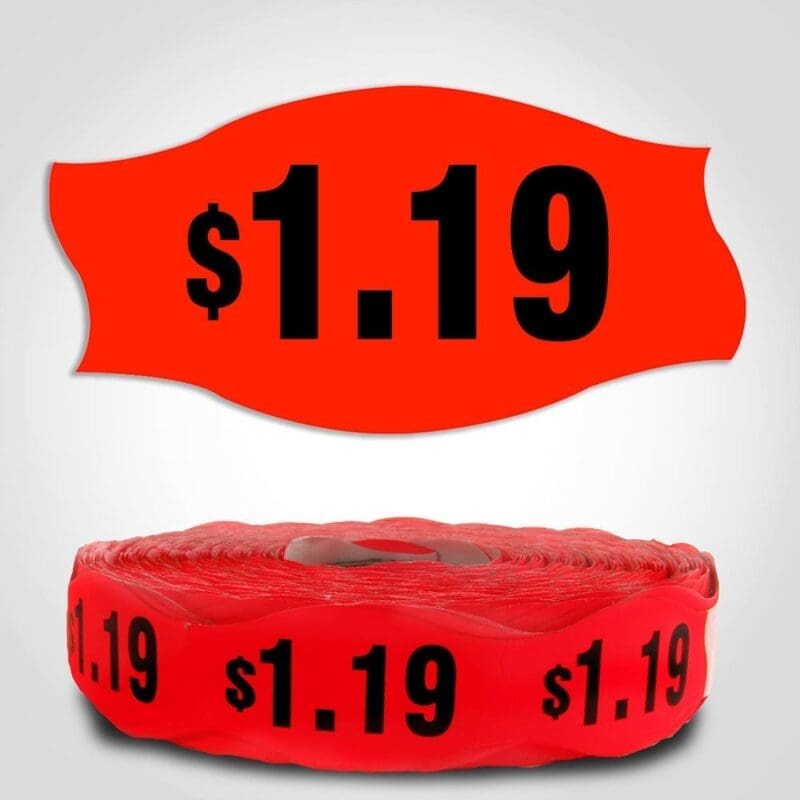 570009-1 $1.19 Pricing Label Red Dayglo Sticker on a roll of 1000 labels, reads $1.19 in black print on red label