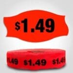 $1.49 Pricing Label Red Dayglo Sticker on a roll of 1000 labels, reads $1.49 in black print on red label